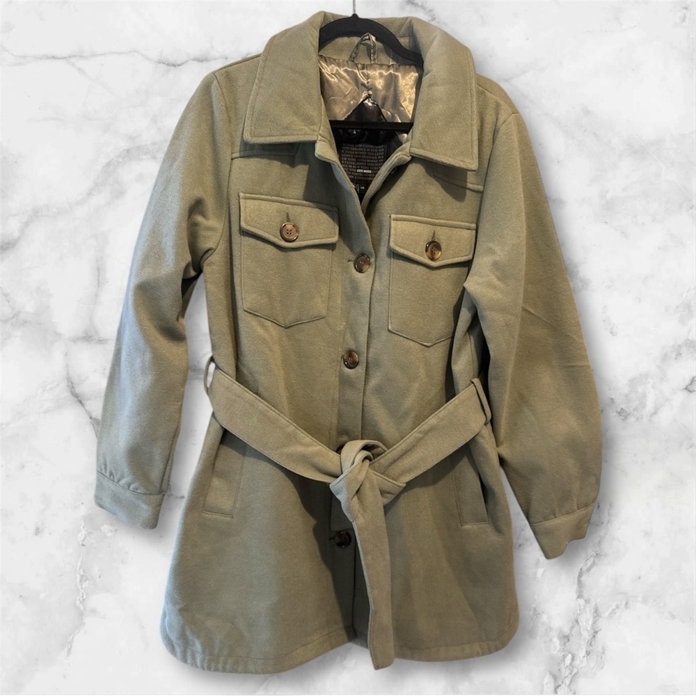 Steve Madden juniors belted shirt jacket pea coat moss green nwt sz L